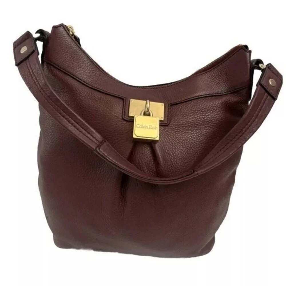 Calvin Klein Handbag Leather Satchel Burgundy Wine Shoulder Bag Tote Purse Fully